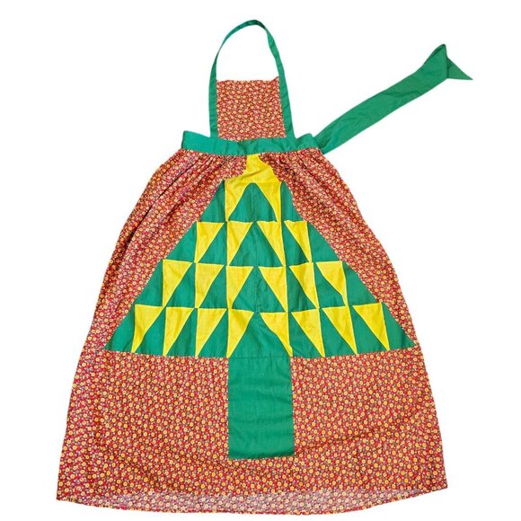 Vintage 70s Patchwork Ditsy Floral Apron Dress Red Green Size Small Long Retro - Picture 2 of 12